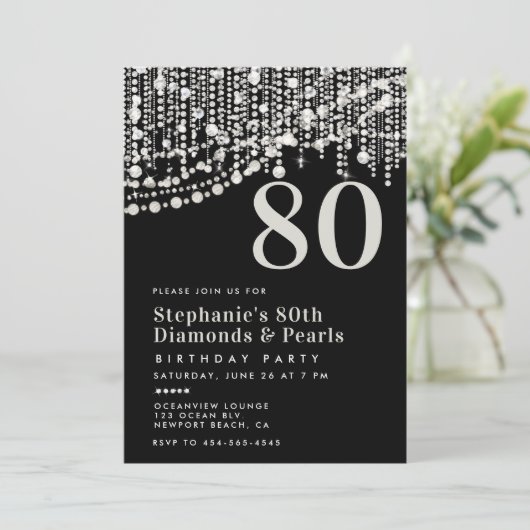 ダイアモンズパールフリンジ白黒80誕生日 招待状 (スタンド正面)