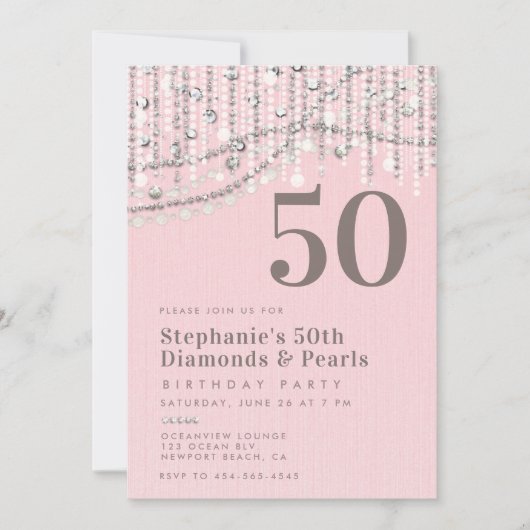 ダイアモンズピアスヴィンテージエレガントピンク50誕生日 招待状 (正面)