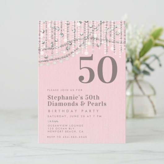 ダイアモンズピアスヴィンテージエレガントピンク50誕生日 招待状 (スタンド正面)