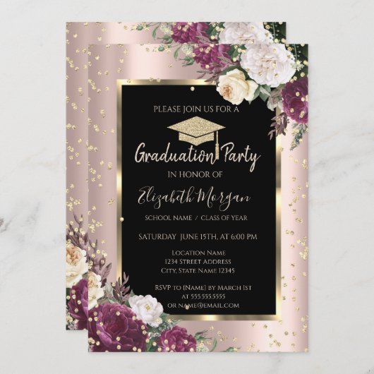 ダイアモンズブルゴーニュフラワーズバラ金ゴールド卒業 招待状 (正面/裏面)