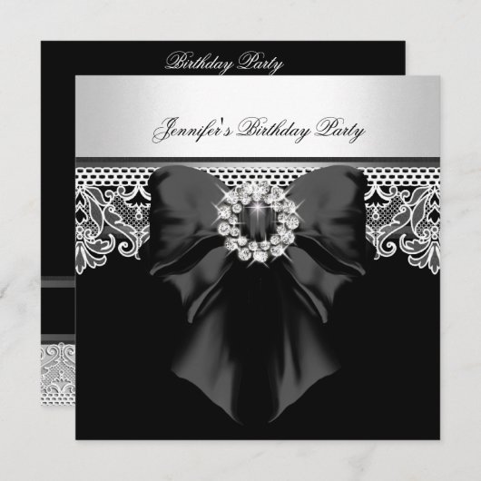 ダイアモンズレースイメージバースデーパーティー白黒 招待状 (正面/裏面)