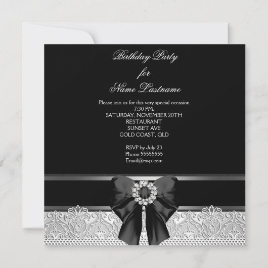 ダイアモンズレースイメージバースデーパーティー白黒 招待状 (裏面)