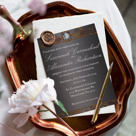 ダイアモンドと金ゴールドダーク結婚シルバー 招待状