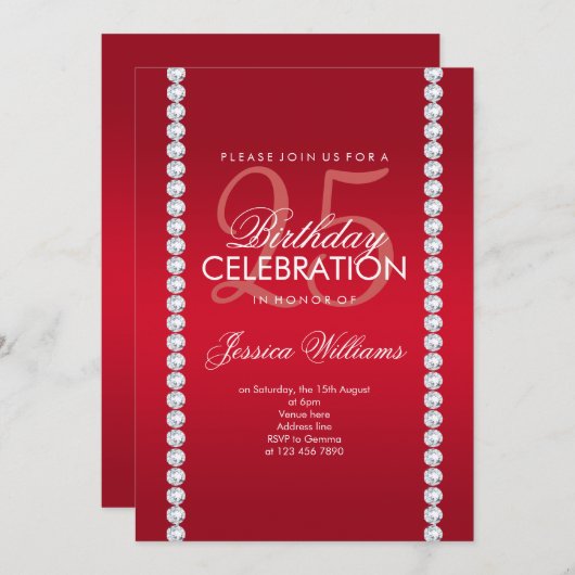 ダイアモンドエレガントジュエリードルビーレッド誕生日 招待状 (正面/裏面)