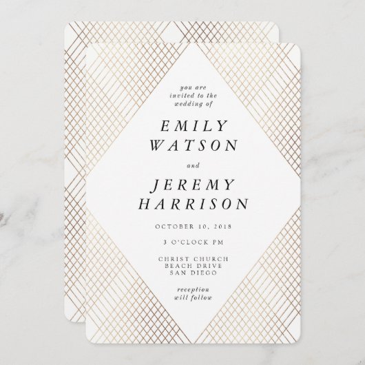 ダイアモンドジオメトリックホワイトデコ金ゴールドギャツビー結婚ズ 招待状 (正面/裏面)