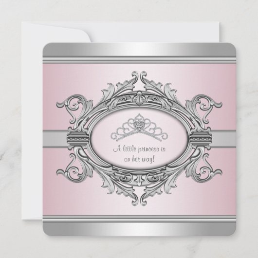 ダイアモンドティアラグレーピンクプリンセスベビーガールシャワー 招待状 (正面)