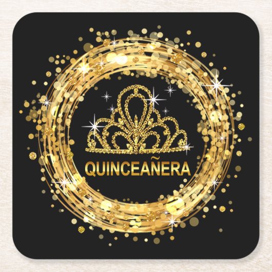 ダイアモンドティアラスウィート16グリッター紙吹雪 | gold, 金, ゴールド, 金製, 金ゴー スクエアペーパーコースター (正面)