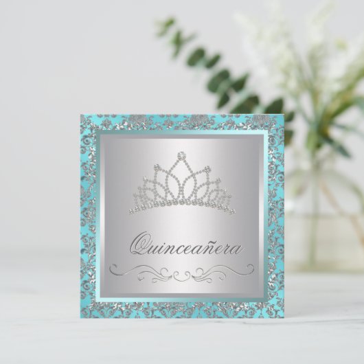 ダイアモンドティアラティール（緑がかった色）ブルーダマスクティール（緑がかった色）ブルーキンセアン 招待状 (スタンド正面)