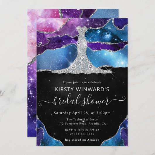 ダイアモンドドレスと銀河系アゲートブライダルシャワー 招待状 (正面/裏面)