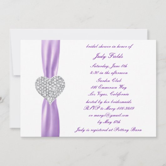 ダイアモンドハートパープル結婚ズブライダルシャワー招待状 招待状 (正面)