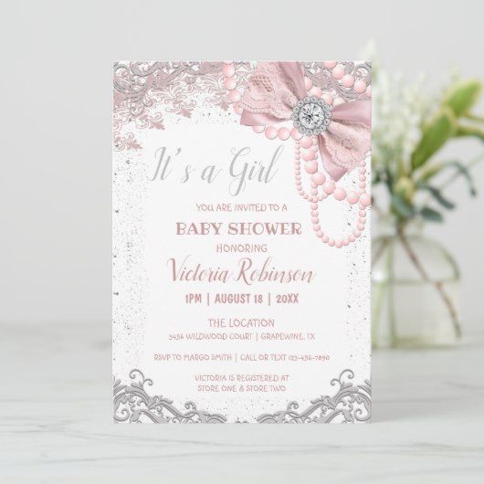 ダイアモンドパール赤面ピンクベビーガーリービーエレガントシャワー 招待状 (スタンド正面)