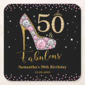 ダイアモンドピンク金ゴールド50th誕生日 スクエアペーパーコースター (正面)