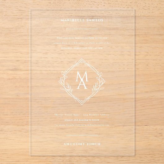 ダイアモンドフローラモノグラム結婚ズ アクリル招待状 (正面)