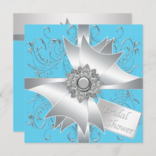 ダイアモンドボウシルバーティール(緑がかった色)ブルーブライダルシャワー 招待状 (正面/裏面)