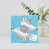 ダイアモンドボウシルバーティール（緑がかった色）ブルーブライダルシャワー 招待状 (スタンド正面)