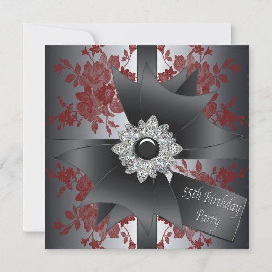 ダイアモンドボウ女性レッドローズ55thバースデーパーティー 招待状 (正面)