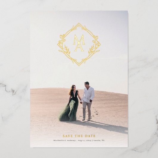 ダイアモンドモノグラム花金ゴールド保存日 箔招待状 (正面)