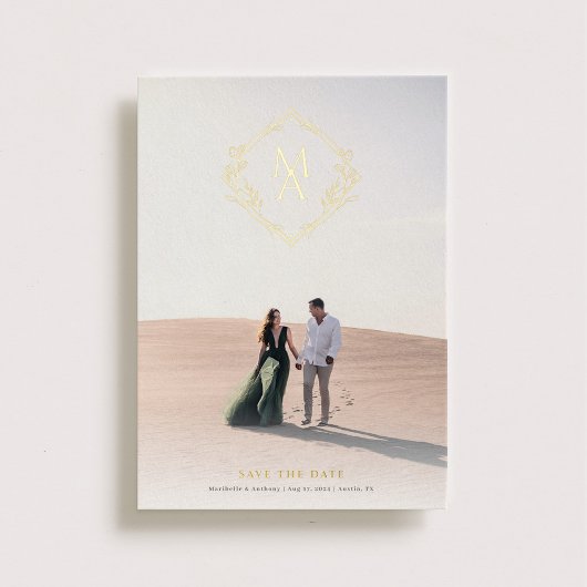 ダイアモンドモノグラム花金ゴールド保存日 箔招待状