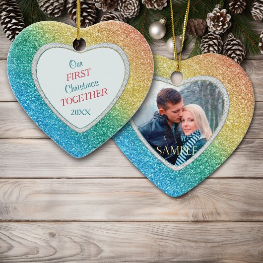 ダイアモンドレインボーグリッターフォト初めてのクリスマス セラミックオーナメント