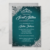 ダイアモンドレースススパークルティアラティール(緑がかった色)シルバースウィート16 招待状 (正面/裏面)