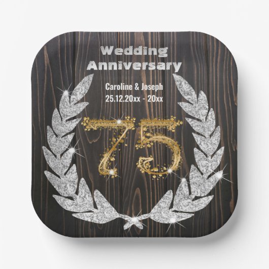 ダイアモンドローレルと75th金ゴールド結婚、の記念日Pa ペーパープレート (正面)