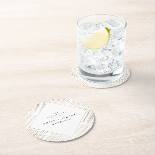 ダイアモンド幾何学模様の白い金ゴールド結婚ギャツビー ラウンドペーパーコースター (インサイチュ)