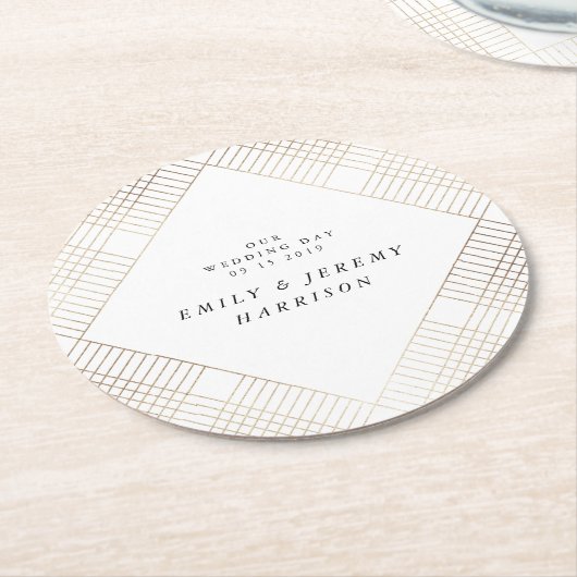 ダイアモンド幾何学模様の白い金ゴールド結婚ギャツビー ラウンドペーパーコースター (アングル)