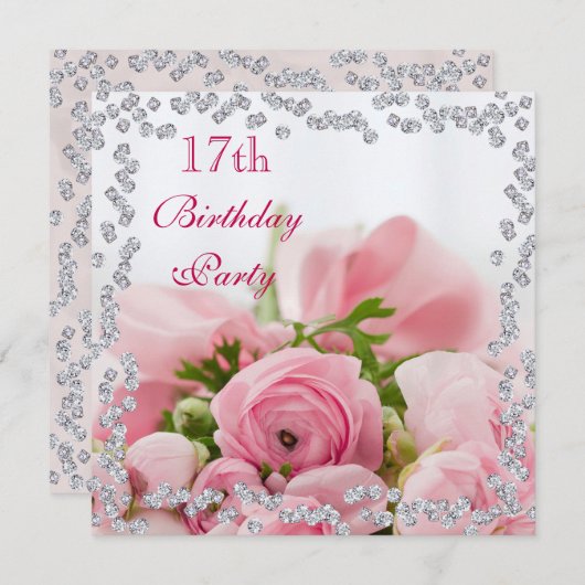 ダイアモンド枠のピンクバラの花束17誕生日 招待状 (正面/裏面)