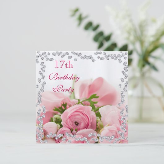 ダイアモンド枠のピンクバラの花束17誕生日 招待状 (スタンド正面)