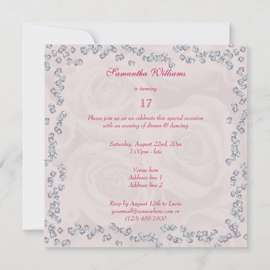 ダイアモンド枠のピンクバラの花束17誕生日 招待状 (裏面)