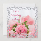 ダイアモンド枠のピンクバラの花束17誕生日 招待状 (正面)