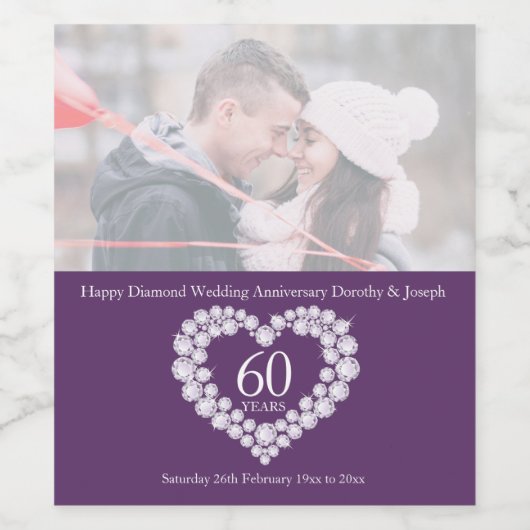 ダイアモンド結婚ハートの60年の写パーソナライズされた真 ワインラベル (シングルラベル)