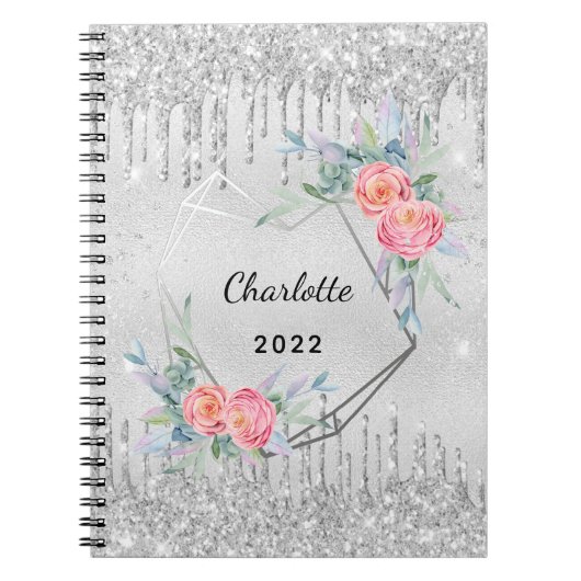 ダイアリーシルバーフローラグリッター赤面ピンク名 ノートブック (正面)