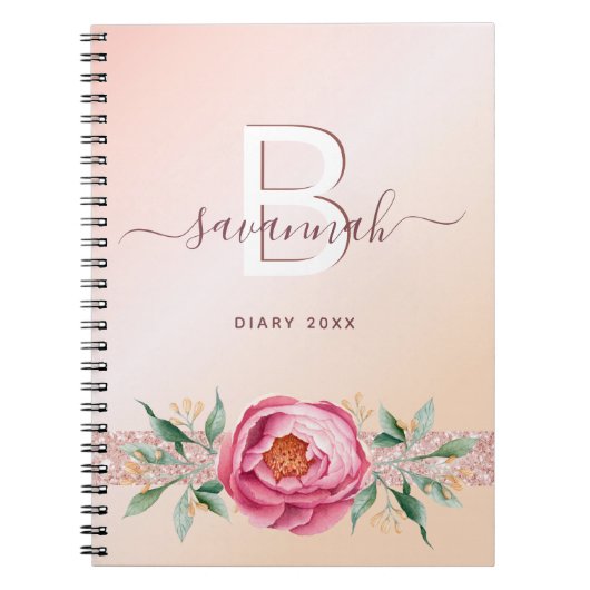 ダイアリーモノグラムバラ金ゴールドピンクグリッターガーリーモダン ノートブック (正面)