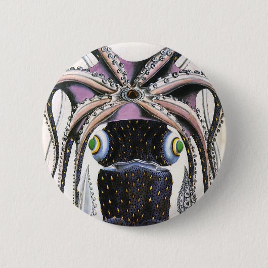 ダイオウイカまたはタコ、ヴィンテージ海洋生物アート 缶バッジ (正面)