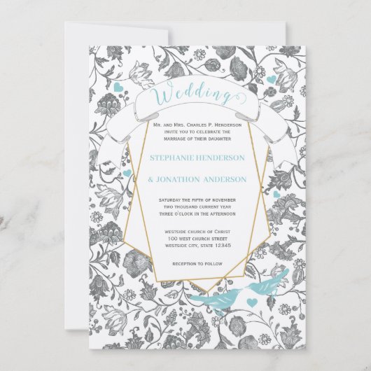 ダイカットアクアグレイ花柄ラブバード結婚ズ 招待状 (正面)