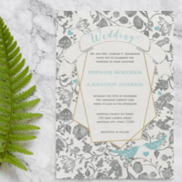 ダイカットアクアグレイ花柄ラブバード結婚ズ 招待状