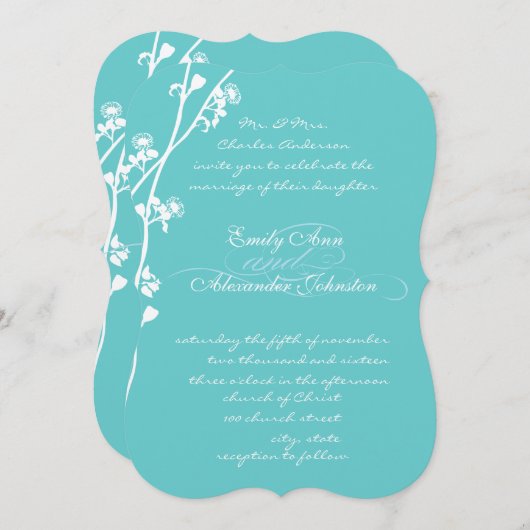 ダイカットアクアワイルドフラワーブランチ結婚ズ 招待状 (正面/裏面)