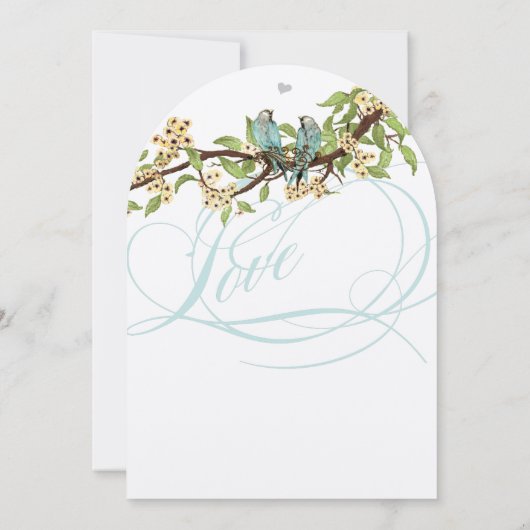 ダイカットイエローフラワーズティール（緑がかった色）アクアブルーバードズ結婚ズ 招待状 (裏面)