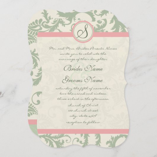 ダイカットグリーンダスティバラダマスクウェディング 招待状 (正面/裏面)