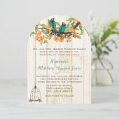 ダイカットサンゴとミントヴィンテージラブバード 招待状 (スタンド正面)
