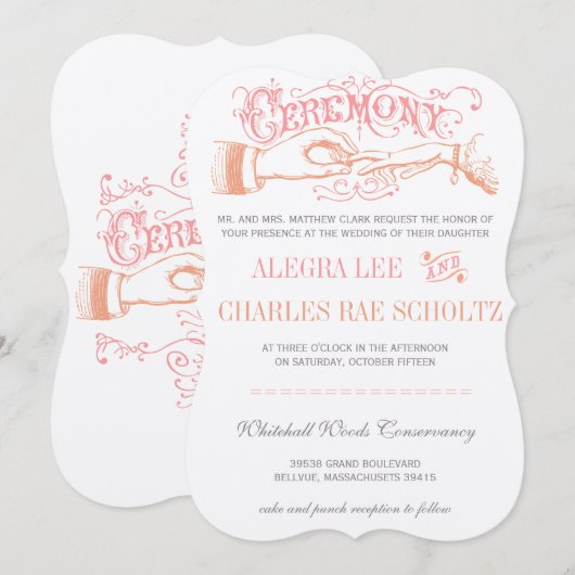 ダイカットバラ金ゴールドピンクコーラルモダンタイポグラフィ 招待状 (正面/裏面)