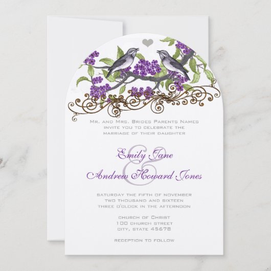 ダイカットパープルグレーの愛の鳥の結婚式の招待 招待状 (正面)