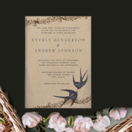 ダイカットヴィンテージラブバードネイビー結婚ズ 招待状