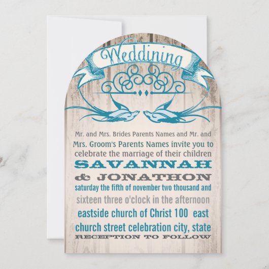 ダイカット ラスティック ヴィンテージ ラブバード ウェディング 招待状 (裏面)