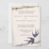 ダイカット ヴィンテージ ラブバード ネイビー ウェディング 招待状 (正面)