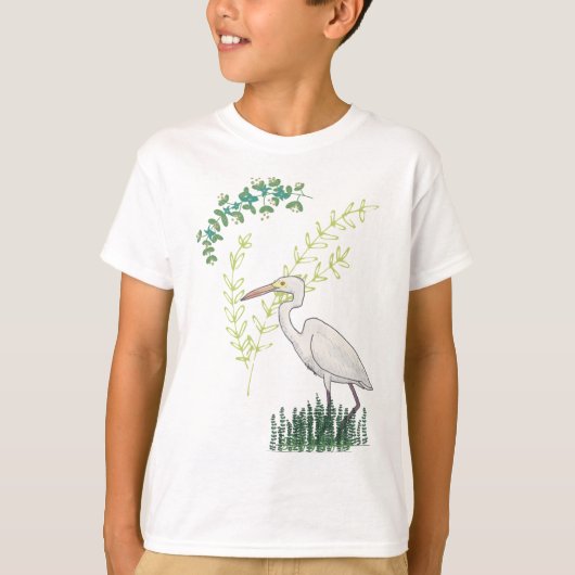 ダイサギの花柄鳥パターン Tシャツ (正面)