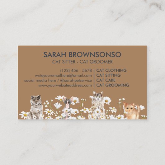 ダイジーに囲まれた猫たち、ペットシッター&猫のグルーマーとしてかわいい 名刺 (裏面)