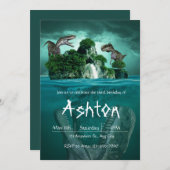 ダイナソールテーマブルーグリーン招待 招待状 (正面/裏面)