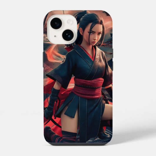 ダイナミックで強烈な女戦士の忍者ガールアート iPhoneケース (裏面)